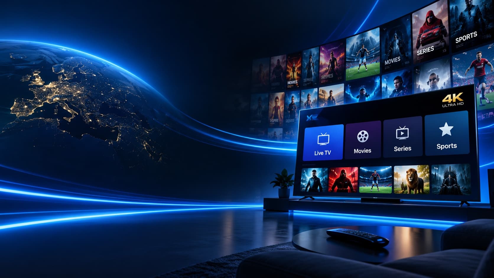 Telewizor Smart TV z interfejsem IPTV Polska HD w jakości 4K, połączony strumieniem danych z Europą